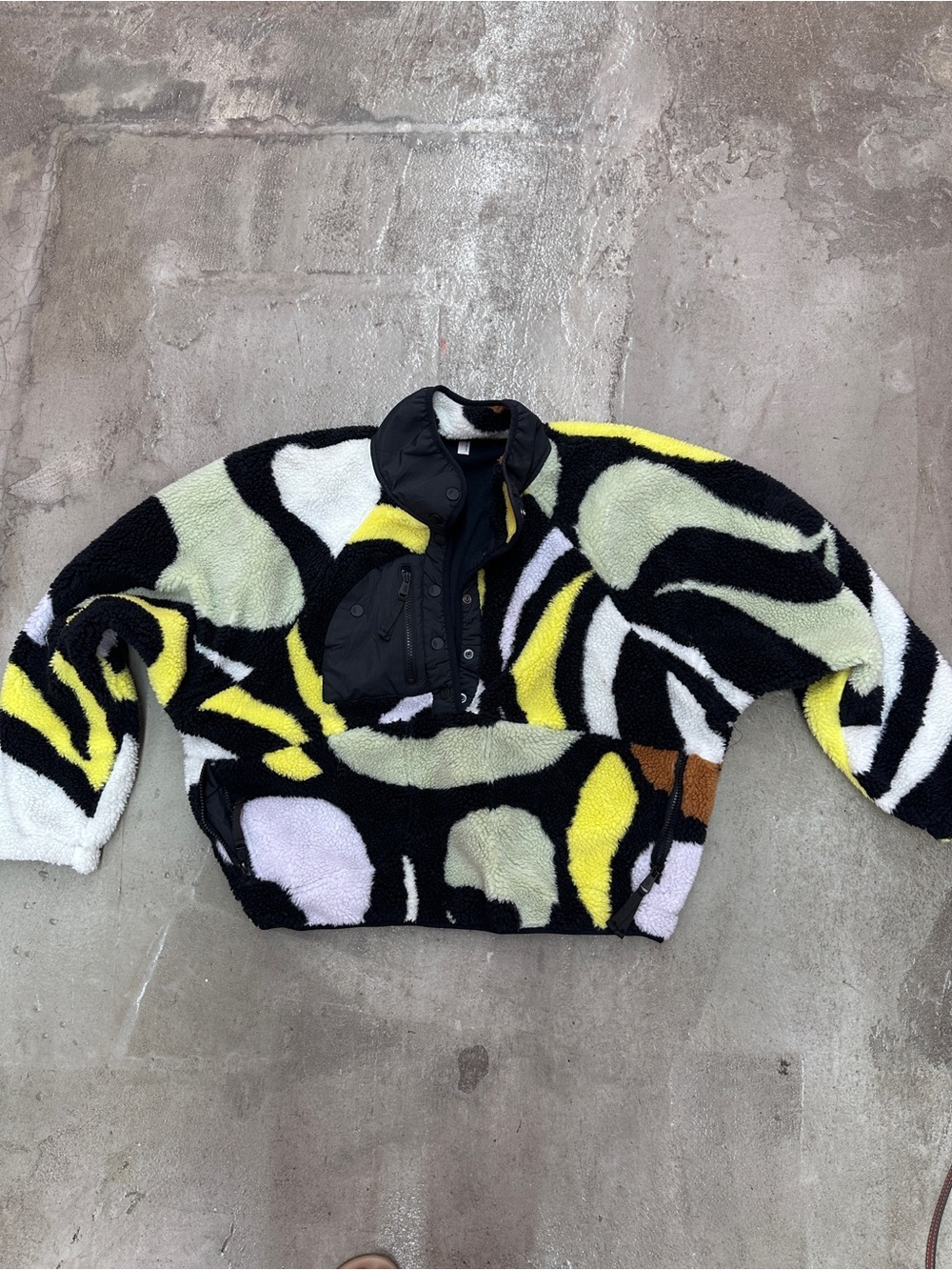 Free People Movement Abstract Pattern Sherpa Pullover Sweater - Black & Yellow